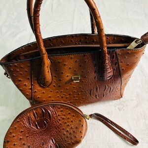 Vintage Brown Embossed Tote Bag with Matching Wristlet Pouch